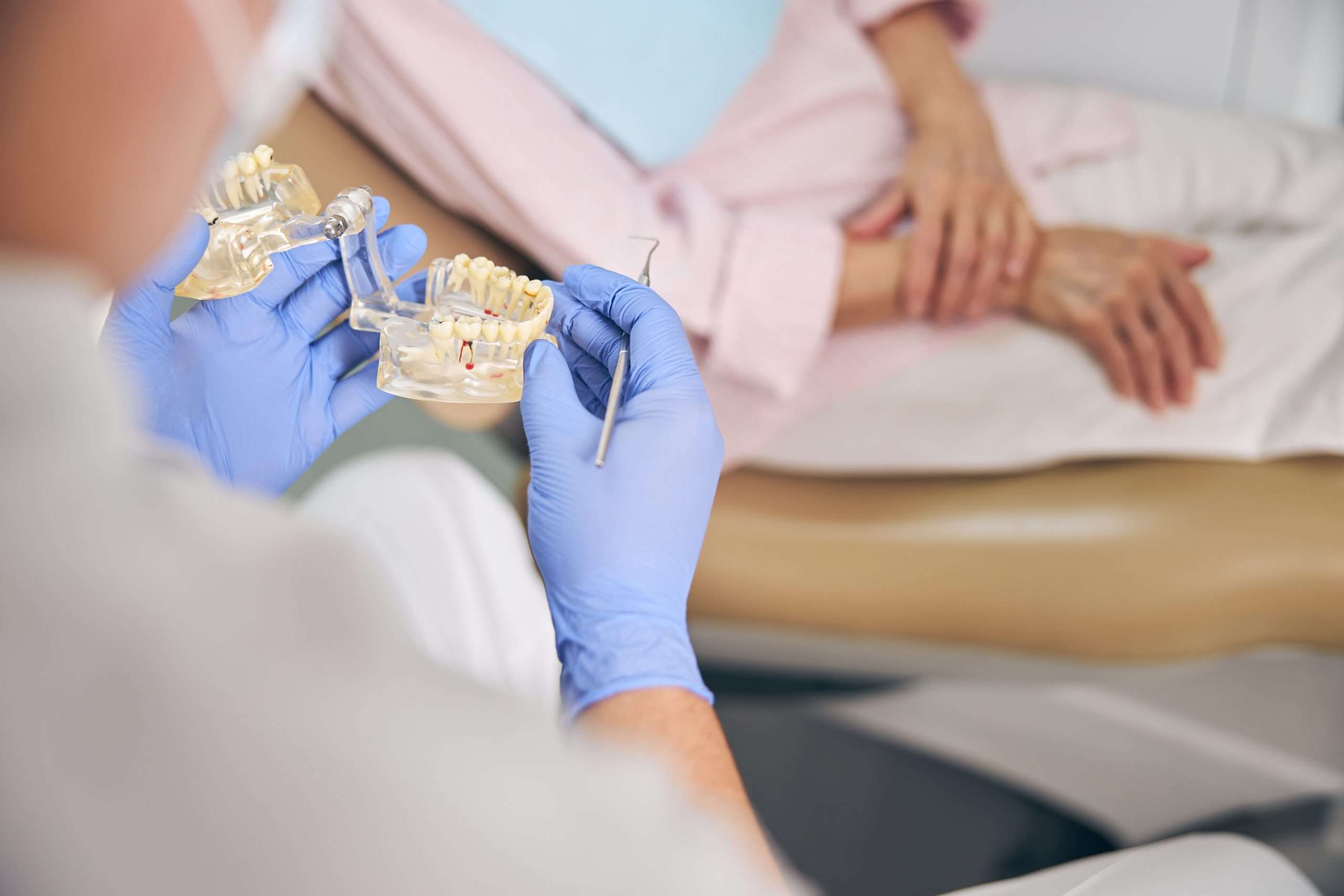 Dentist using dental articulator for a correct occlusion